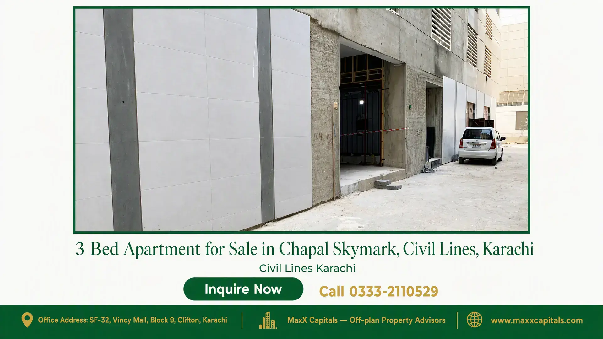 3 Bed Apartment for Sale in Chapal Skymark, Civil Lines, Karachi Under-construction building entrance with tiled and concrete walls at Chapal Skymark, Civil Lines, Karachi.