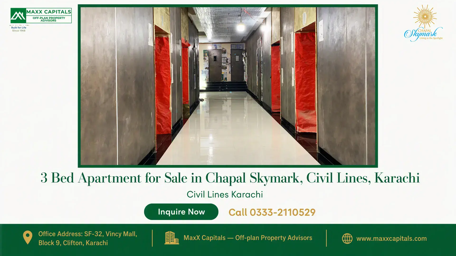 3 Bed Apartment for Sale in Chapal Skymark, Civil Lines, Karachi Modern hallway in Chapal Skymark flat for sale, featuring polished floors, ambient lighting, and sleek wall finishes in Karac