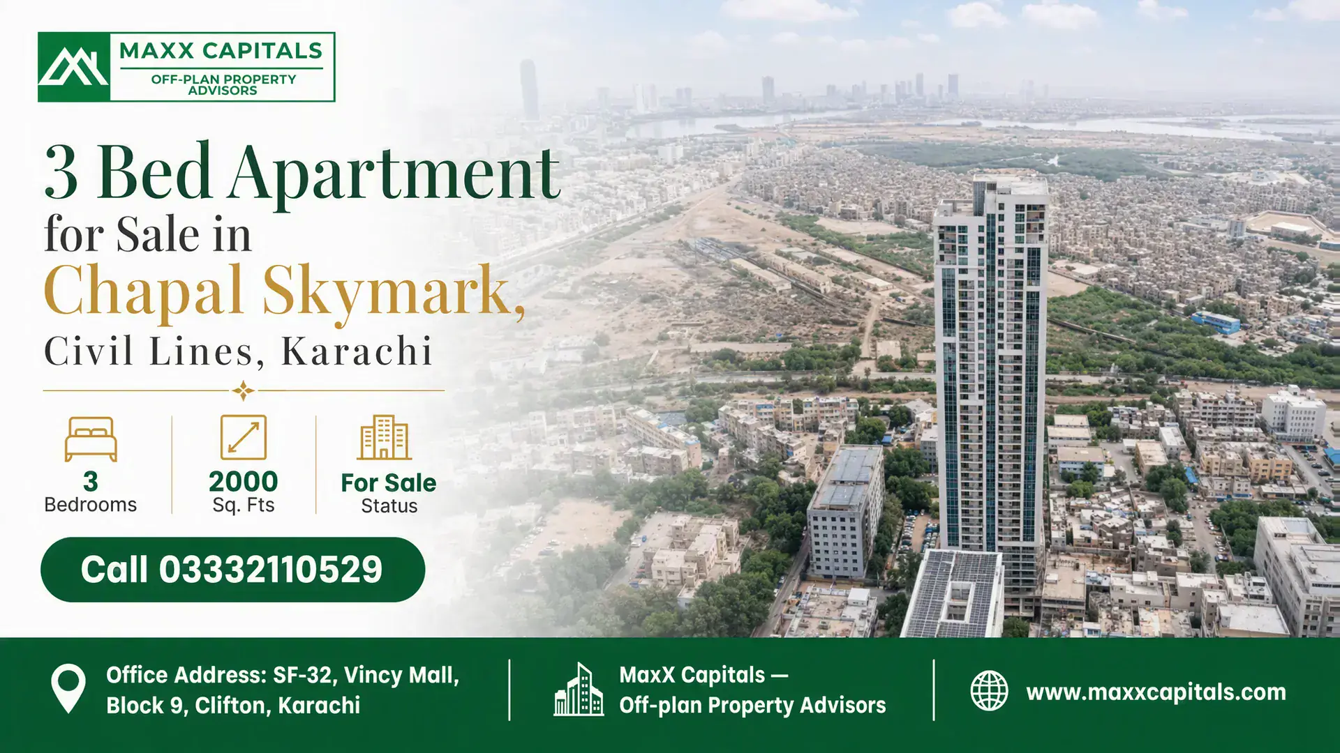3 Bed Apartment for Sale in Chapal Skymark, Civil Lines, Karachi High-rise apartment tower of Chapal Skymark in Civil Lines, Karachi, surrounded by cityscape and greenery.