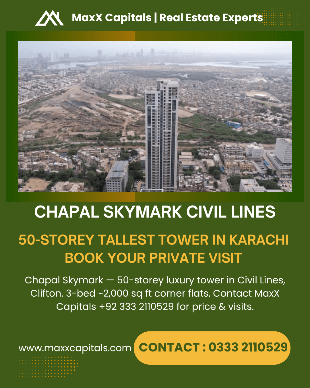 Chapal Skymark – 50-storey Tower _ Book Your Private Visit Chapal Skymark 50-storey tower towering over Karachi skyline in Civil Lines Clifton with surrounding buildings