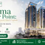 Saima Center Point Luxury High-Rise Towers In Karachi With Modern Architecture And Illuminated Facade At Sunset.