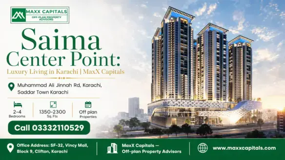 Saima Center Point Luxury High-Rise Towers In Karachi With Modern Architecture And Illuminated Facade At Sunset.