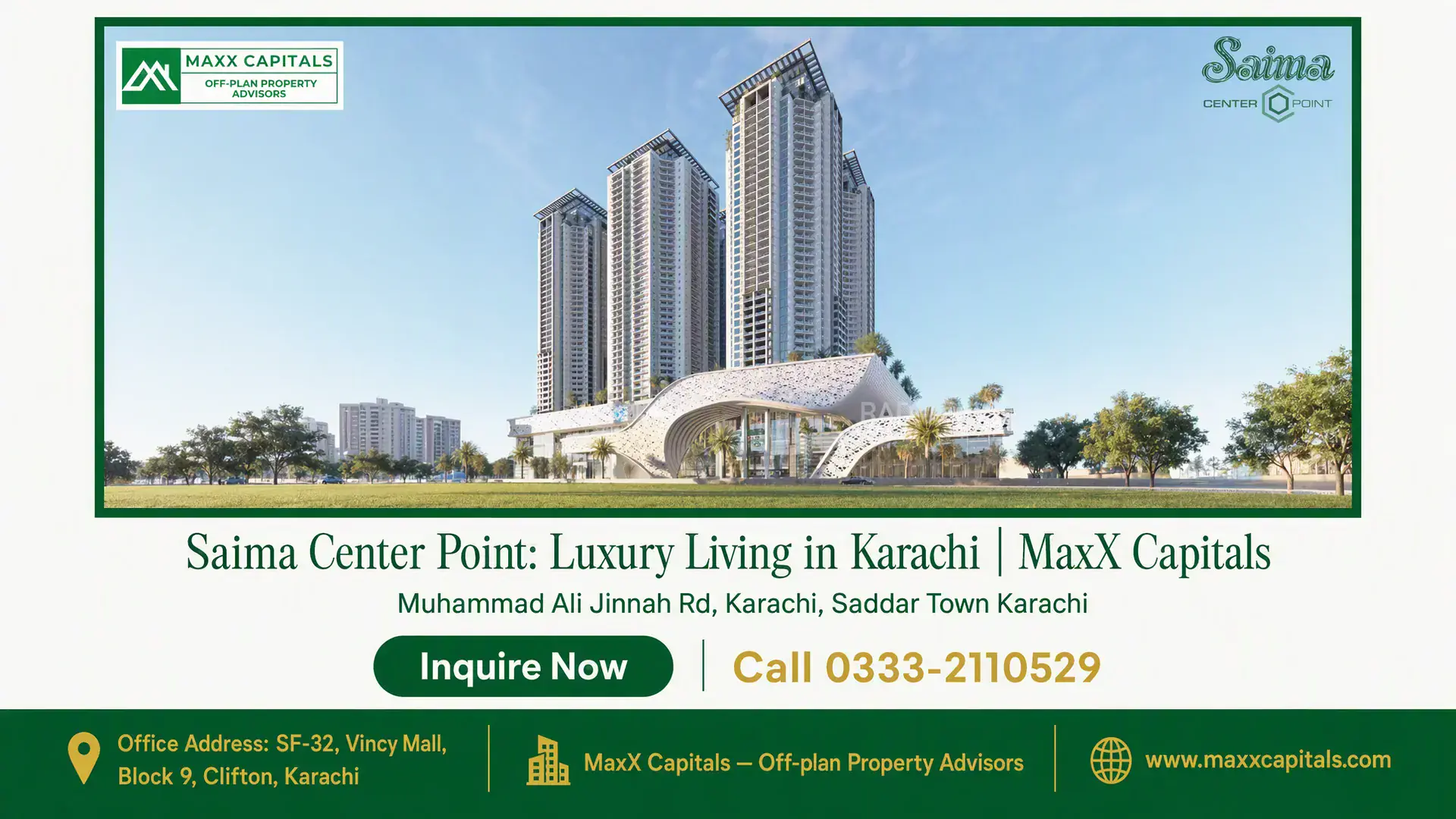 Saima Center Point: Luxury Living in Karachi | MaxX Capitals Saima Center Point luxury high-rise buildings with modern curved facade near green landscaped areas in Karachi.