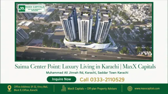 Aerial view of Saima Center Point in Karachi, showcasing modern high-rise towers surrounded by a well-planned urban landscape