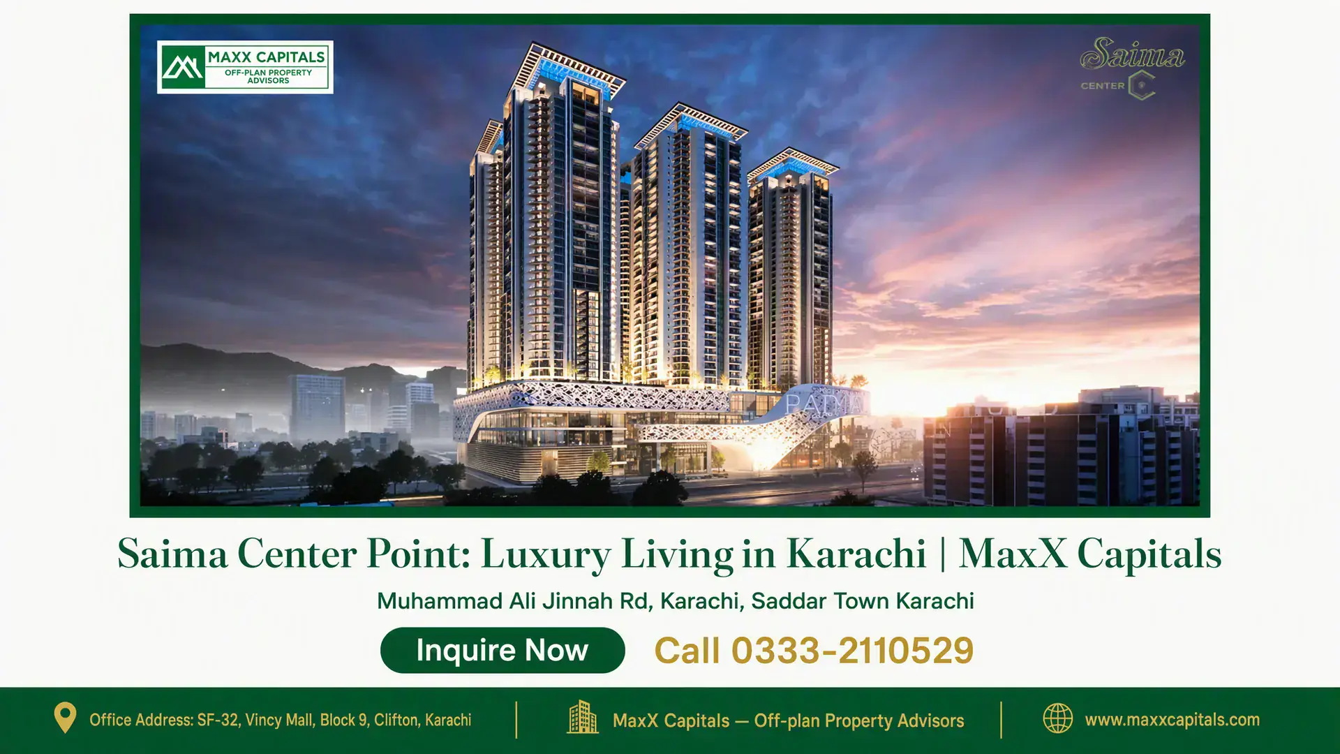 Saima Center Point: Luxury Living in Karachi | MaxX Capitals An illuminated luxury high-rise complex of Saima Center Point in Karachi at sunset, featuring modern architecture and citysca