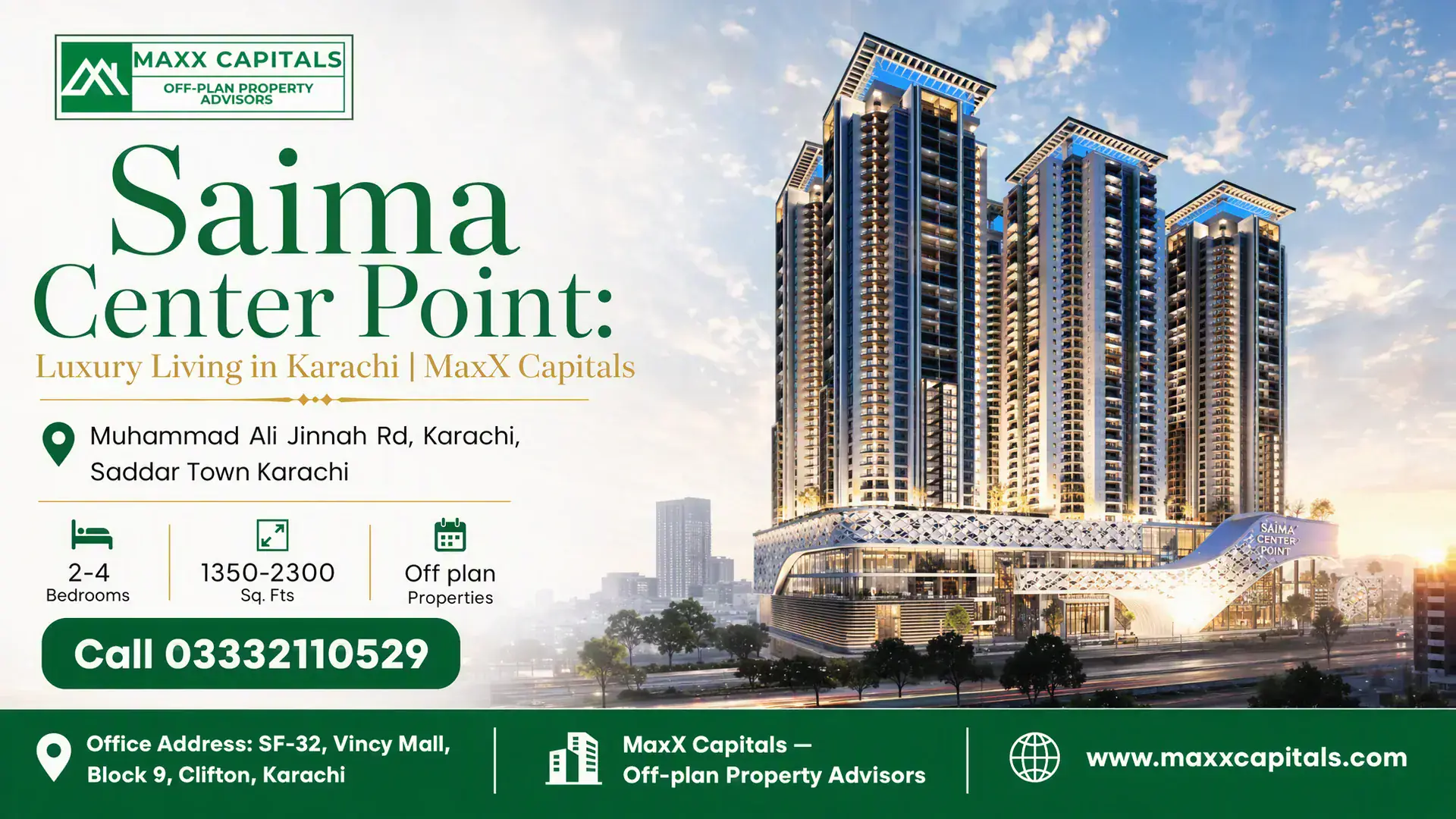 Saima Center Point: Luxury Living in Karachi | MaxX Capitals Saima Center Point luxury high-rise towers in Karachi with modern architecture and illuminated facade at sunset.