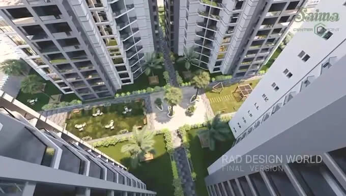 Saima Center Point Luxury Living in Karachi MaxX Capitals (4) Aerial view of Saima Center Point high-rise towers in Karachi surrounding landscaped central courtyard with palm trees, pathw