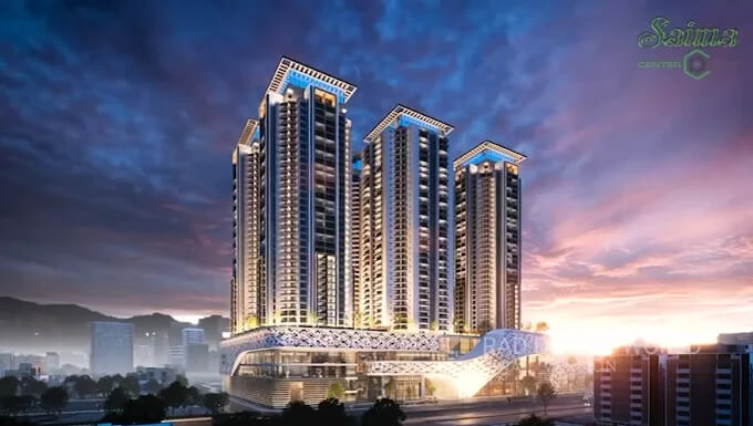Saima Center Point Luxury Living in Karachi MaxX Capitals (5) Saima Center Point luxury high-rise towers in Karachi at sunset, modern glass facades, podium base, urban skyline