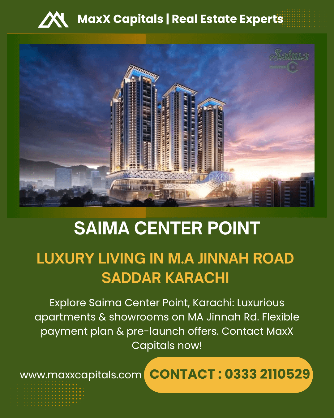 Saima Center Point luxury high-rises on M.A. Jinnah Road Saddar Karachi modern towers at sunset