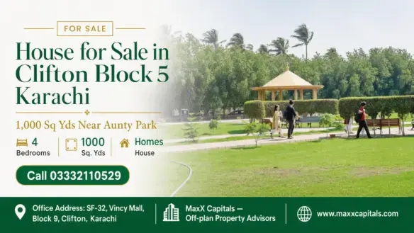 Clifton Block 5 Karachi House For Sale, Near Aunty Park, Featuring Lush Green Lawns With A Gazebo And Walking Paths.