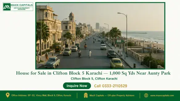 Cityscape of Clifton Block 5 in Karachi with colonial-style architecture, palm-lined street, sea views, and parked cars.