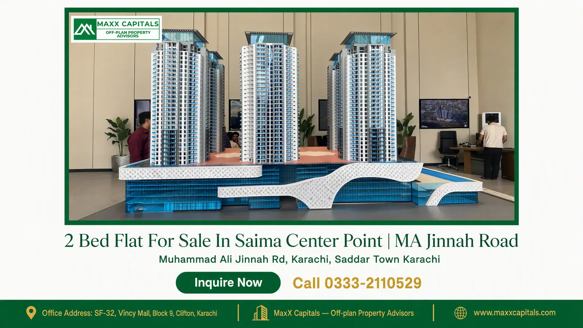 2 Bed Flat For Sale In Saima Center Point | MA Jinnah Road Scale architectural model of Saima Center Point showing modern high-rise residential towers with a sleek base structure.
