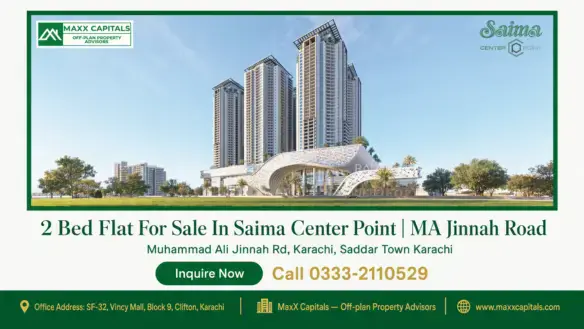 Exterior view of Saima Center Point featuring modern high-rise towers with green surroundings, located on MA Jinnah Road, Kar