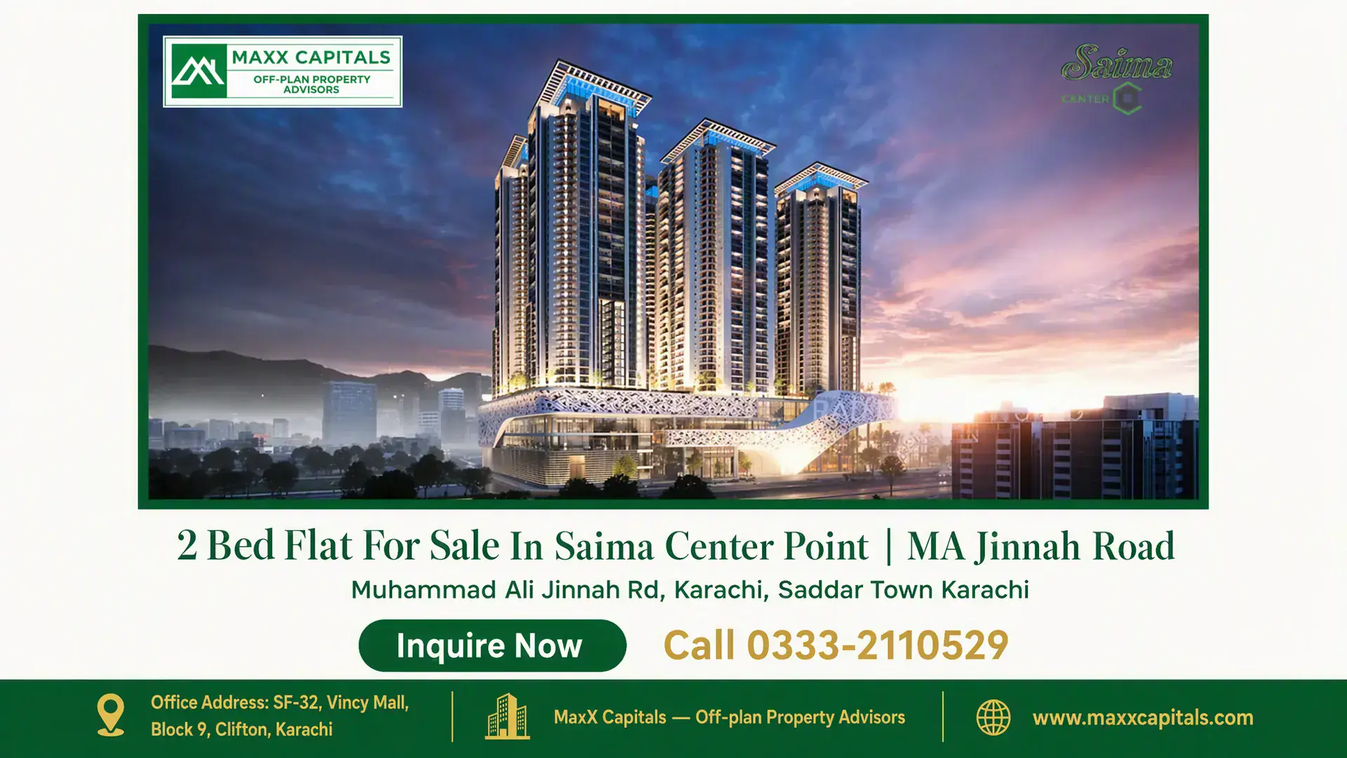 2 Bed Flat For Sale In Saima Center Point | MA Jinnah Road Luxury high-rise towers with modern architectural design illuminated in the evening at Saima Center Point, Karachi.