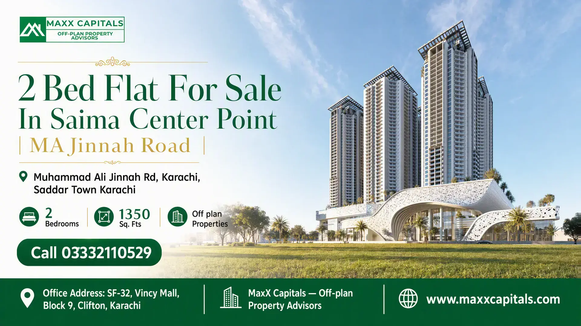 2 Bed Flat For Sale In Saima Center Point | MA Jinnah Road Modern high-rise towers of Saima Center Point on MA Jinnah Road, featuring unique architectural design and lush surroundings.