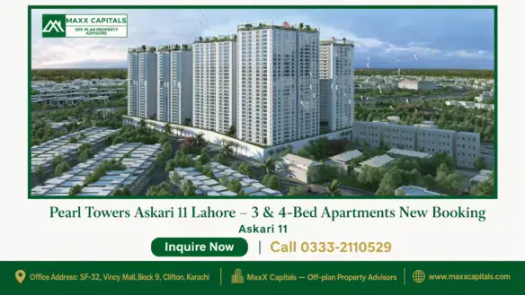 Panoramic view of Pearl Towers in Askari 11 Lahore featuring modern high-rise apartments surrounded by lush greenery and an u