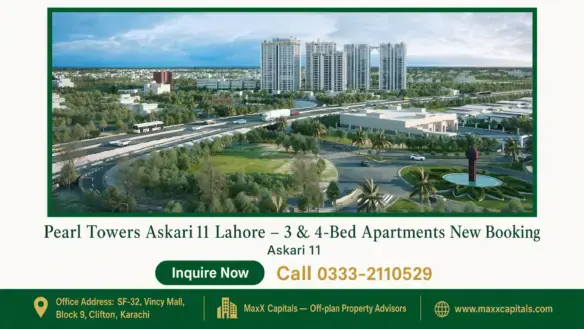 Aerial view of Pearl Towers Askari 11 Lahore, featuring high-rise buildings surrounded by greenery, roads, and modern infrast