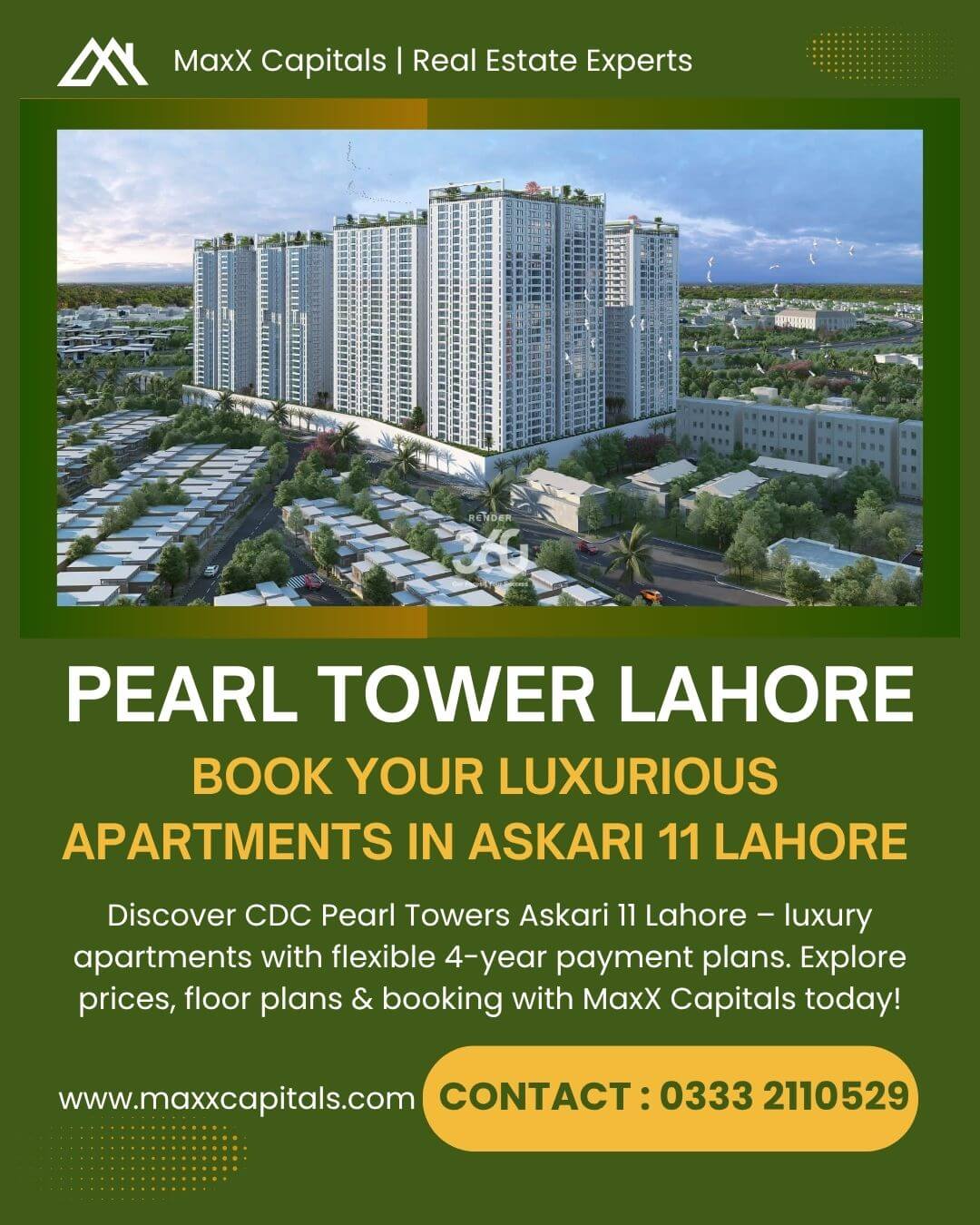 Aerial view of Pearl Towers high-rise apartments in Askari 11 Lahore, white towers with green roofs amid villas and landscapi