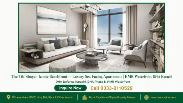Luxury sea-view living room in The Tilt Shayan Iconic Beachfront apartments with modern furniture and large glass doors, DHA