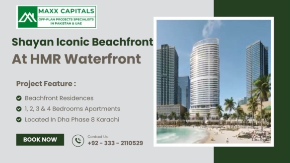 Shayan Iconic Beachfront At Hmr Waterfront Dha Karachi With Curved High-Rise Towers, Sea-Facing Apartments, Beach, Palm Trees