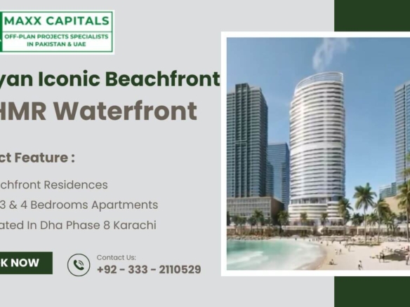 Shayan Iconic Beachfront At Hmr Waterfront Dha Karachi With Curved High-Rise Towers, Sea-Facing Apartments, Beach, Palm Trees