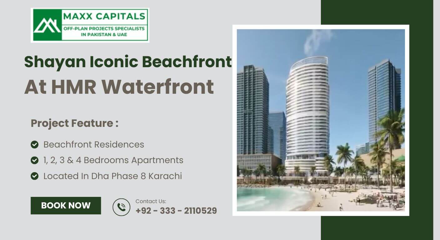 Shayan Iconic Beachfront at HMR Waterfront DHA Karachi with curved high-rise towers, sea-facing apartments, beach, palm trees