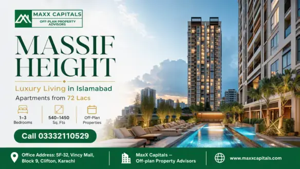 Luxury High-Rise Apartments In Islamabad Featuring A Lit Swimming Pool, Modern Design, And Lush Landscaping At Massif Height.