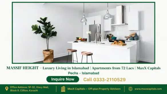 Modern white kitchen with an island, wooden stools, pendant lights, and decorative elements, featured in MASSIF HEIGHT by Max