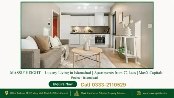Modern living room with neutral tones, beige sofa, wooden coffee table, and open kitchen area in MASSIF HEIGHT apartments.