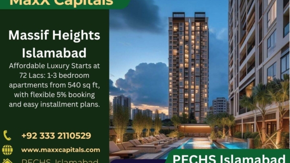 Massif Height Luxury Apartment Towers In Islamabad Pechs With Infinity Pool, Loungers And Palms At Dusk