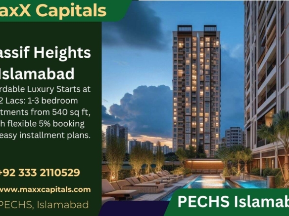 Massif Height Luxury Apartment Towers In Islamabad Pechs With Infinity Pool, Loungers And Palms At Dusk
