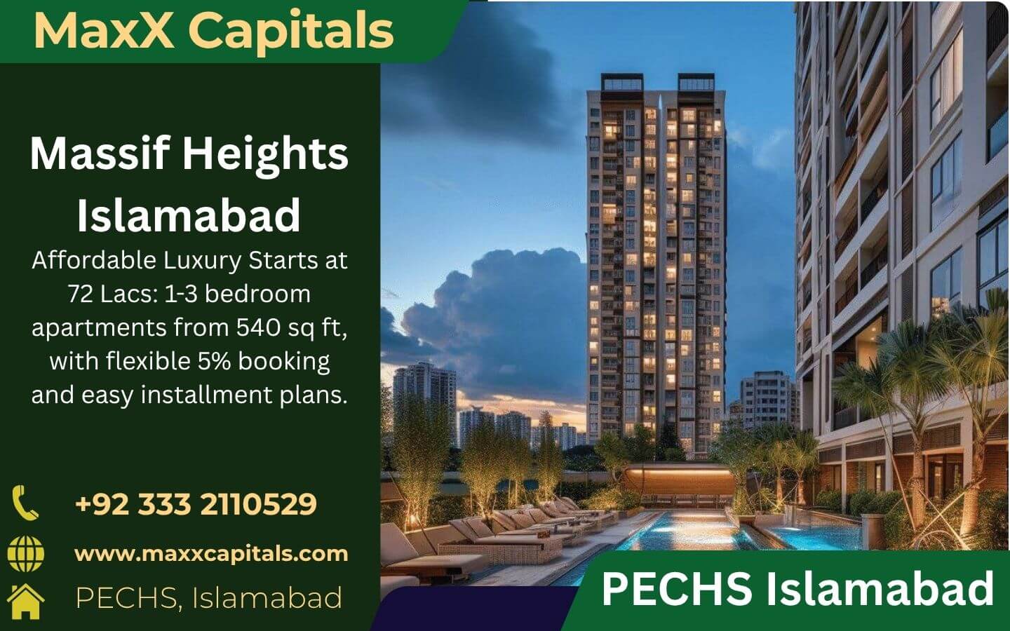 MASSIF HEIGHT luxury apartment towers in Islamabad PECHS with infinity pool, loungers and palms at dusk