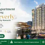 Modern Residential Towers With Illuminated Balconies, Landscaped Pathways, And Urban Architecture At Aa Beverly In Karachi.