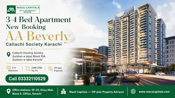 Modern Residential Towers With Illuminated Balconies, Landscaped Pathways, And Urban Architecture At Aa Beverly In Karachi.