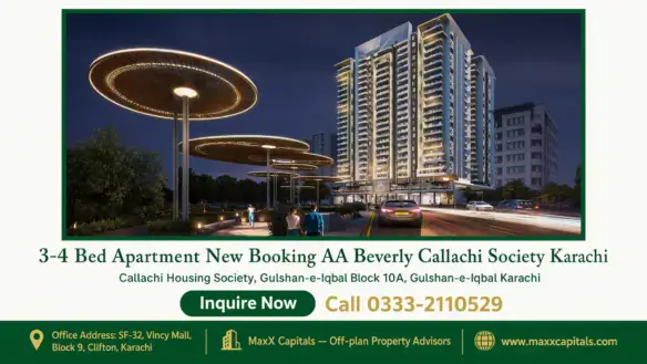 Modern high-rise luxury apartment building with illuminated circular canopies and landscaped pathways in AA Beverly Karachi.