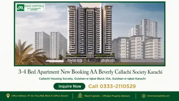 A modern high-rise residential building in AA Beverly Callachi Society, Karachi, with landscaped surroundings and elegant arc