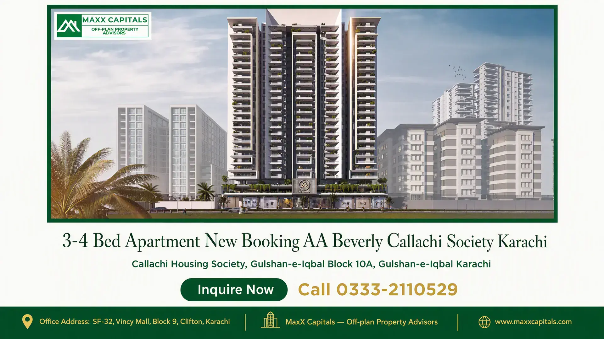 3-4 Bed Apartment New Booking AA Beverly Callachi Society Karachi A modern high-rise residential building in AA Beverly Callachi Society, Karachi, with landscaped surroundings and elegant arc