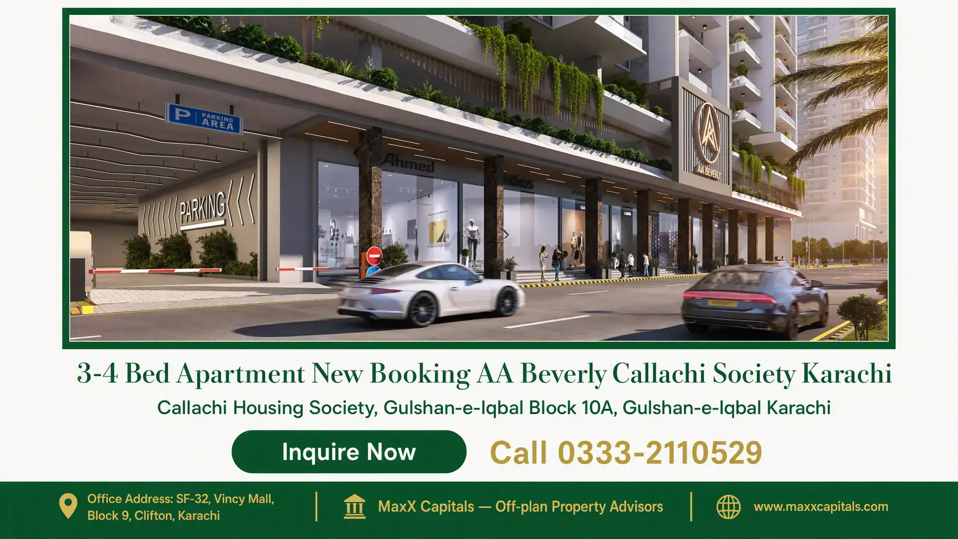 3-4 Bed Apartment New Booking AA Beverly Callachi Society Karachi Modern multi-story building with AA Beverly logo, luxury storefronts, parking area, and lush greenery in Karachi.