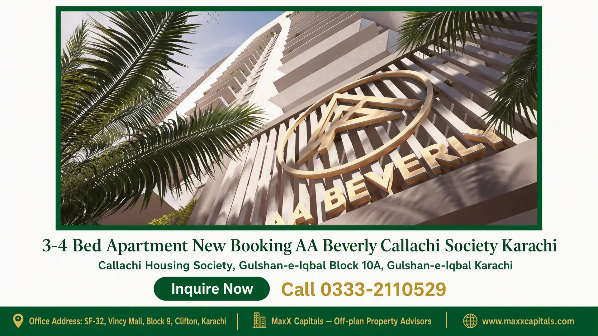 3-4 Bed Apartment New Booking AA Beverly Callachi Society Karachi Modern building facade of AA Beverly in Karachi with sleek architectural design and gold-accented logo surrounded by palm fro