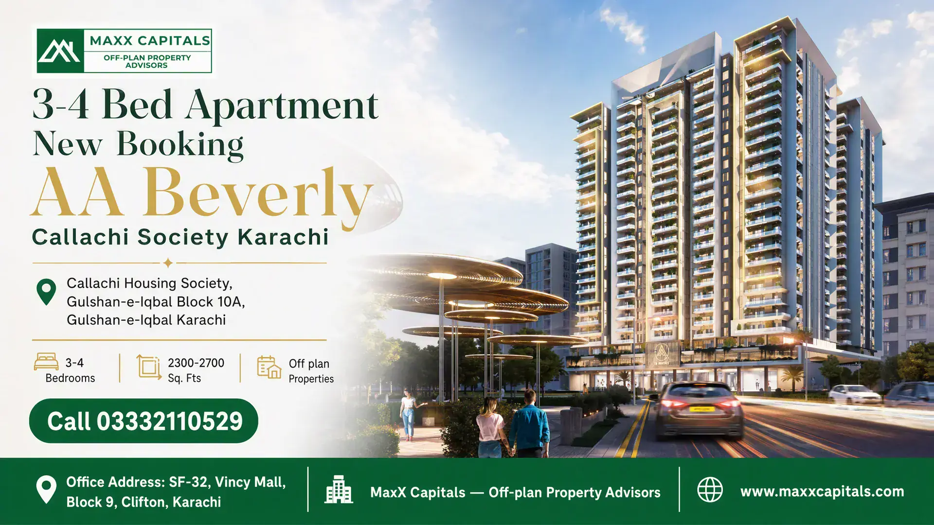 3-4 Bed Apartment New Booking AA Beverly Callachi Society Karachi Modern residential towers with illuminated balconies, landscaped pathways, and urban architecture at AA Beverly in Karachi.