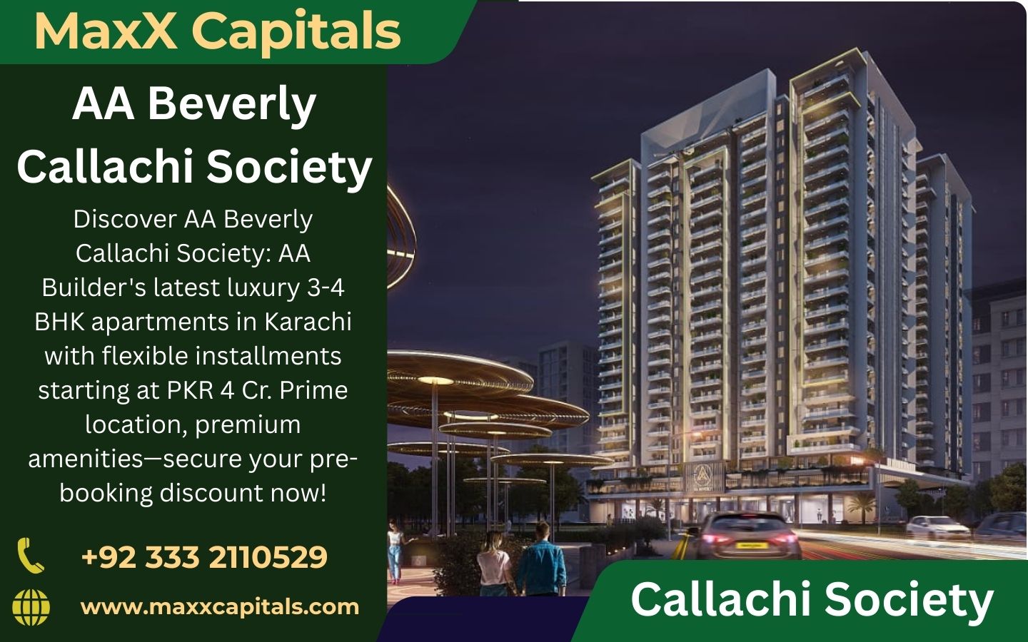 Night view of AA Beverly high-rise apartments in Callachi Society, modern towers with illuminated facades and surrounding lan