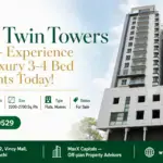 Twin High-Rise Residential Towers With Modern Balconies And Sleek Facade In Karachi Under Bright Blue Skies.