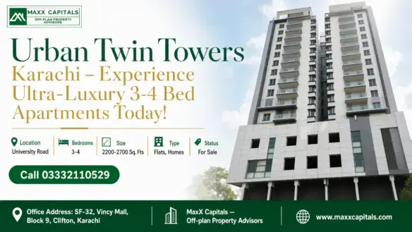 Twin High-Rise Residential Towers With Modern Balconies And Sleek Facade In Karachi Under Bright Blue Skies.