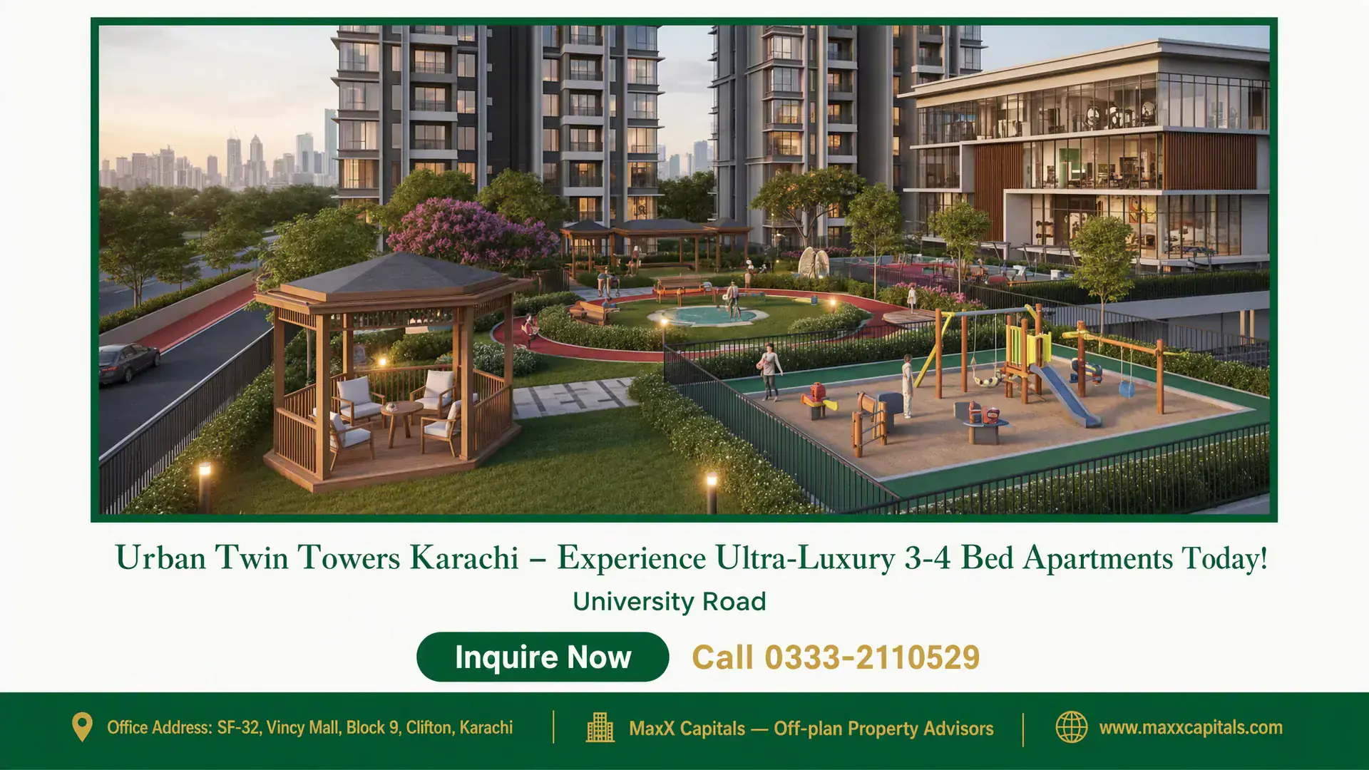 Urban Twin Towers Karachi – Experience Ultra-Luxury 3-4 Bed Apartments Today! Landscaped garden with a gazebo, playground, walking track, and modern twin apartment towers in Karachi.
