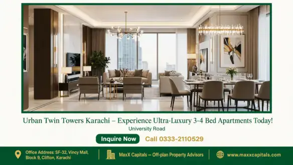 Sophisticated living and dining area in Urban Twin Towers Karachi with panoramic city views through large glass windows.