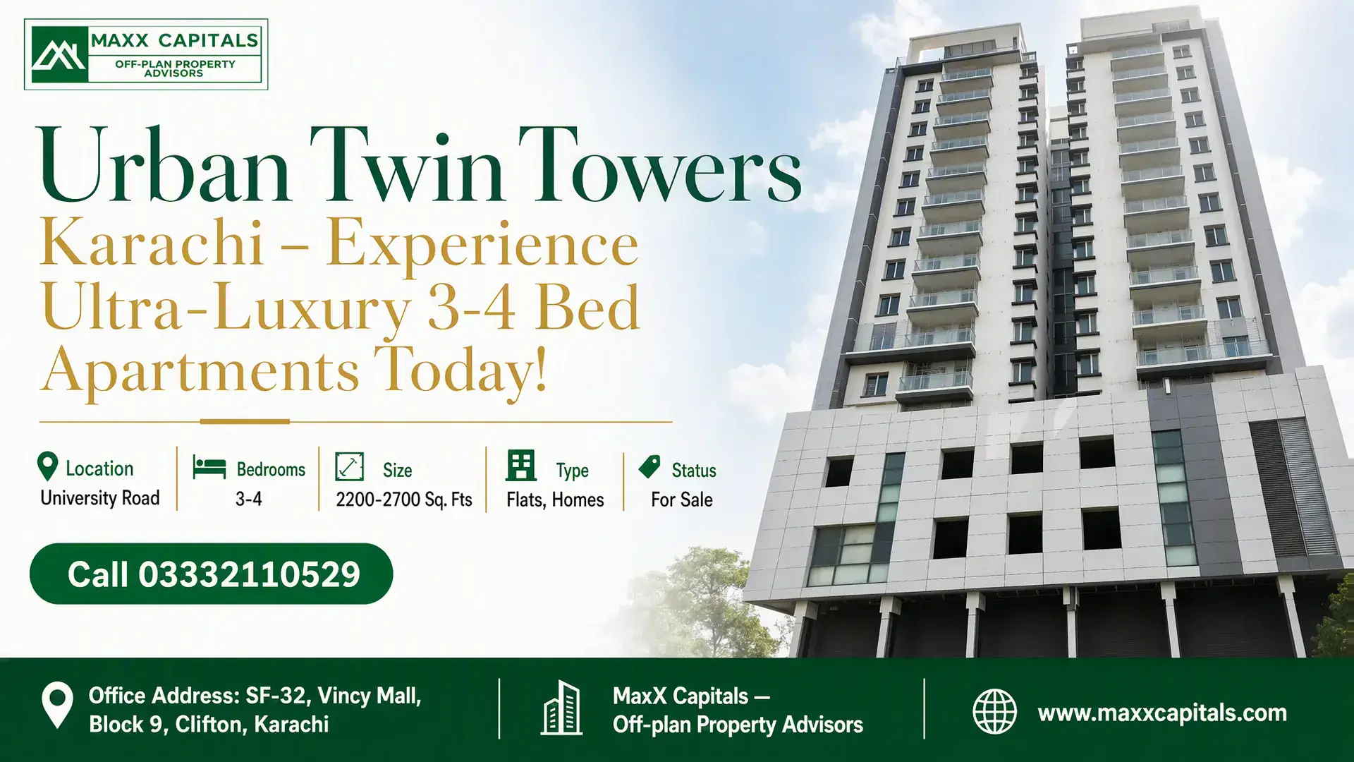 Urban Twin Towers Karachi – Experience Ultra-Luxury 3-4 Bed Apartments Today! Twin high-rise residential towers with modern balconies and sleek facade in Karachi under bright blue skies.