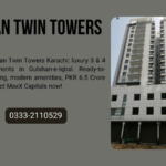 Urban Twin Towers Karachi Twin High-Rise Buildings With Modern Glass Facades, Balconies, And Sleek Architecture In Gulshan-E-