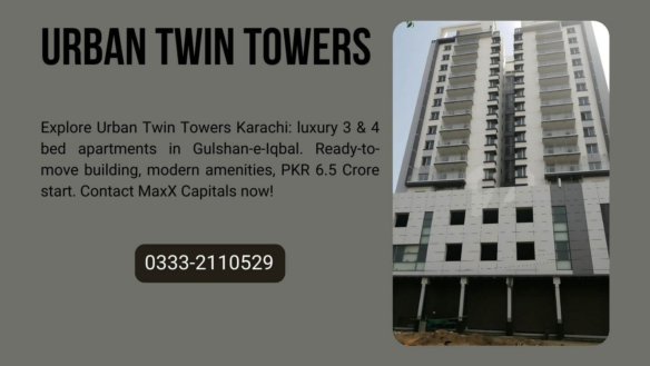 Urban Twin Towers Karachi Twin High-Rise Buildings With Modern Glass Facades, Balconies, And Sleek Architecture In Gulshan-E-