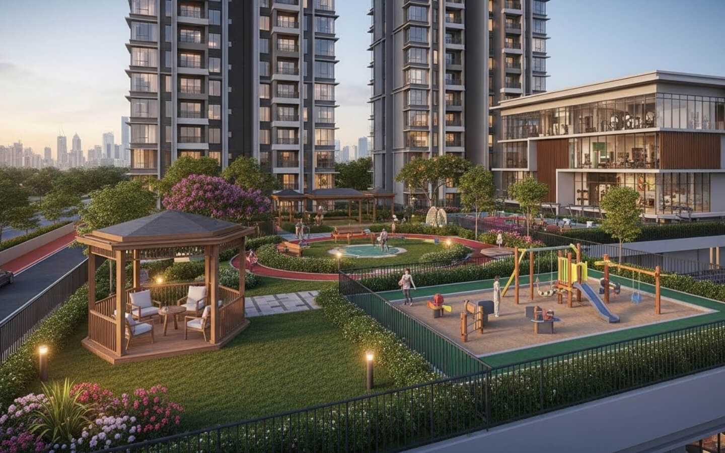 Urban Twin Towers Karachi – 3 & 4 Bed Luxury Apartments MaxX Capitals (2) Urban Twin Towers Karachi playground with swings, slide, sandbox, gazebo amid gardens between twin high-rise towers at dusk
