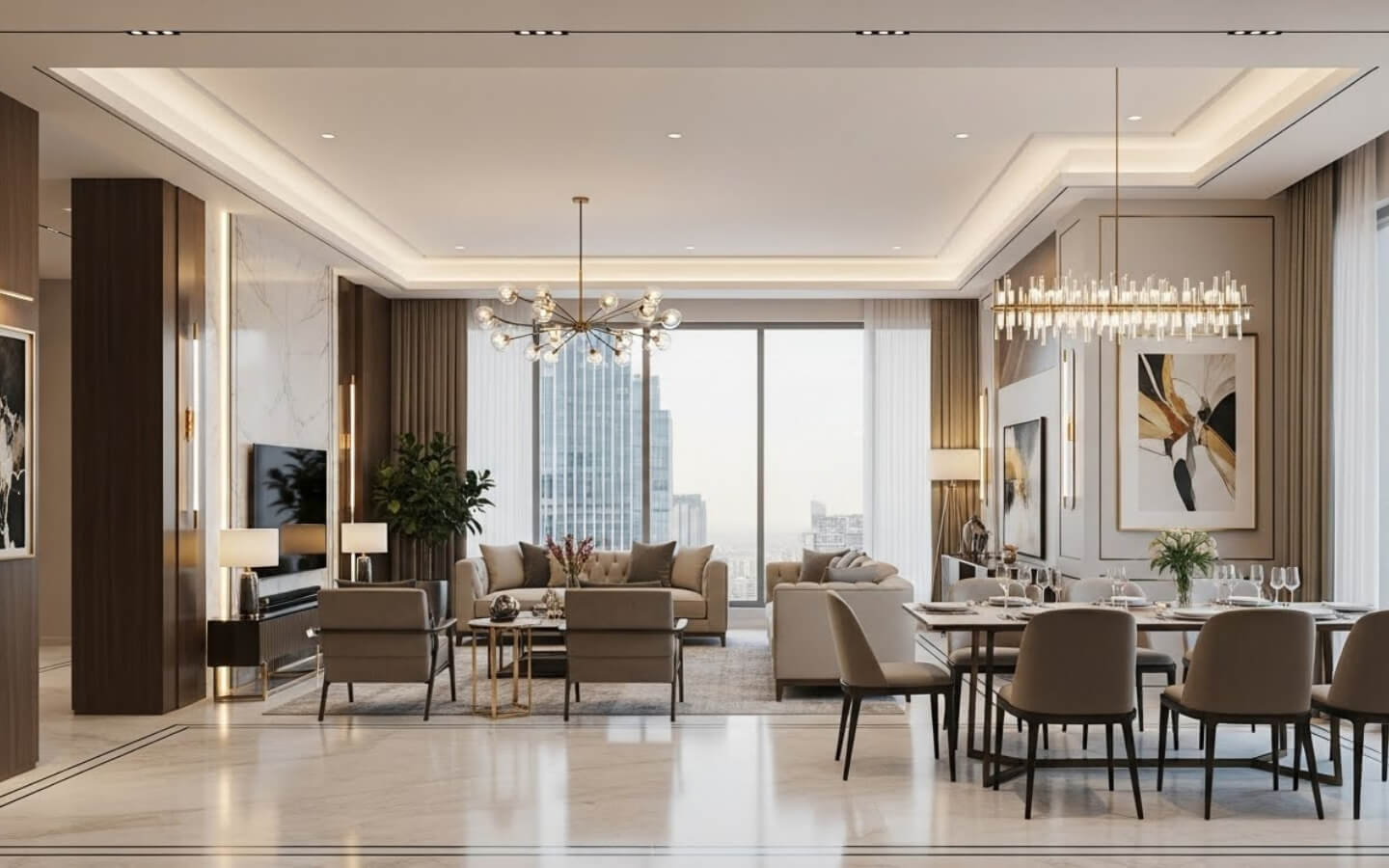 Urban Twin Towers Karachi – 3 & 4 Bed Luxury Apartments MaxX Capitals (3) Spacious open-plan living and dining area in Urban Twin Towers Karachi with city skyline views, marble floors, modern beige f